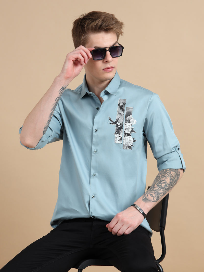 Men Sky Blue Slim Fit Solid Chest Print Full Sleeve Casual Shirt