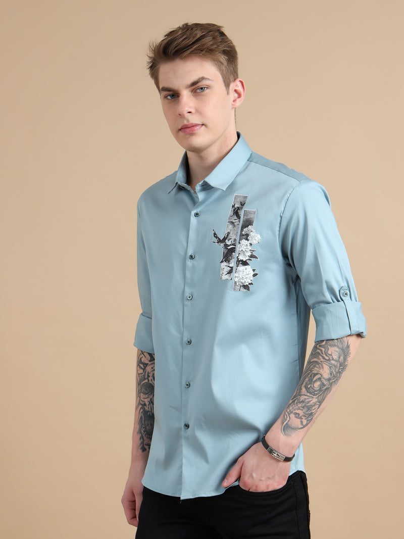 Men Sky Blue Slim Fit Solid Chest Print Full Sleeve Casual Shirt