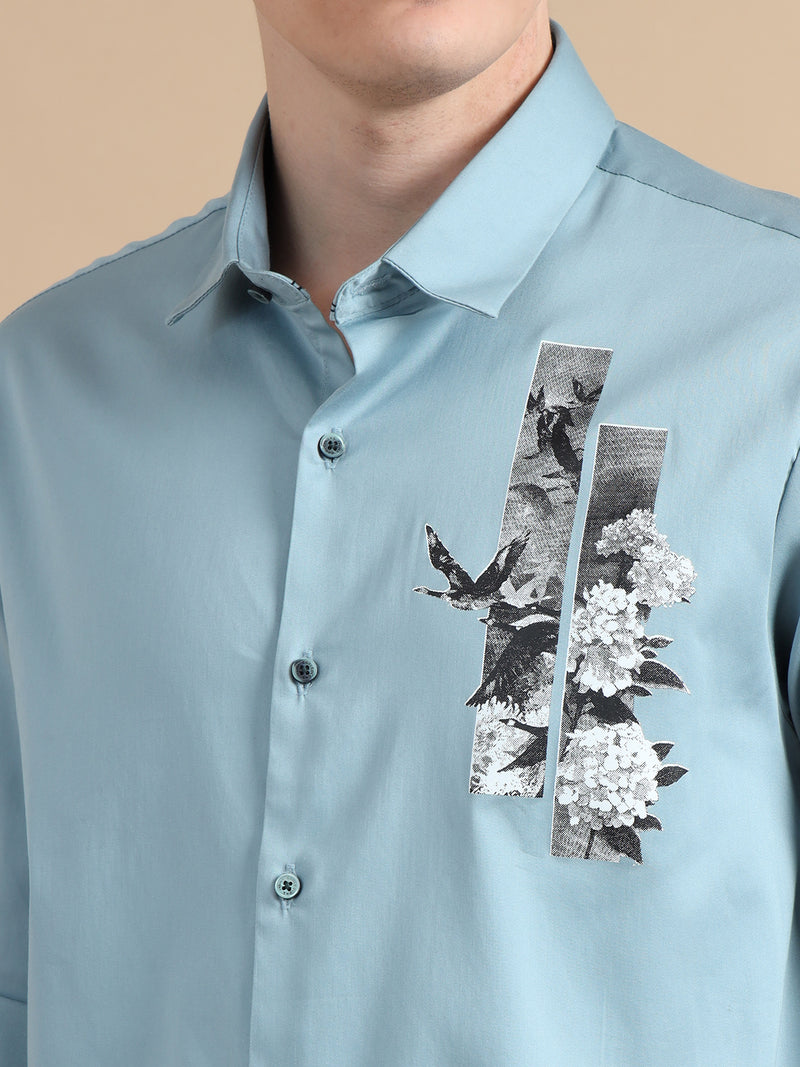 Men Sky Blue Slim Fit Solid Chest Print Full Sleeve Casual Shirt