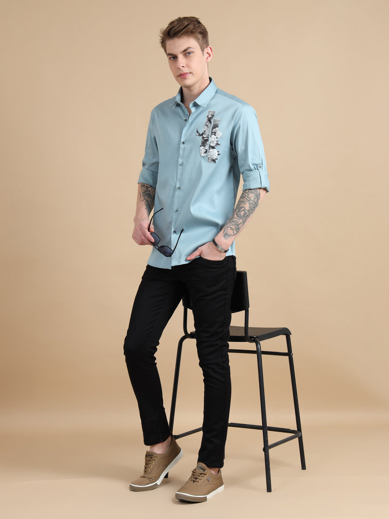 Men Sky Blue Slim Fit Solid Chest Print Full Sleeve Casual Shirt