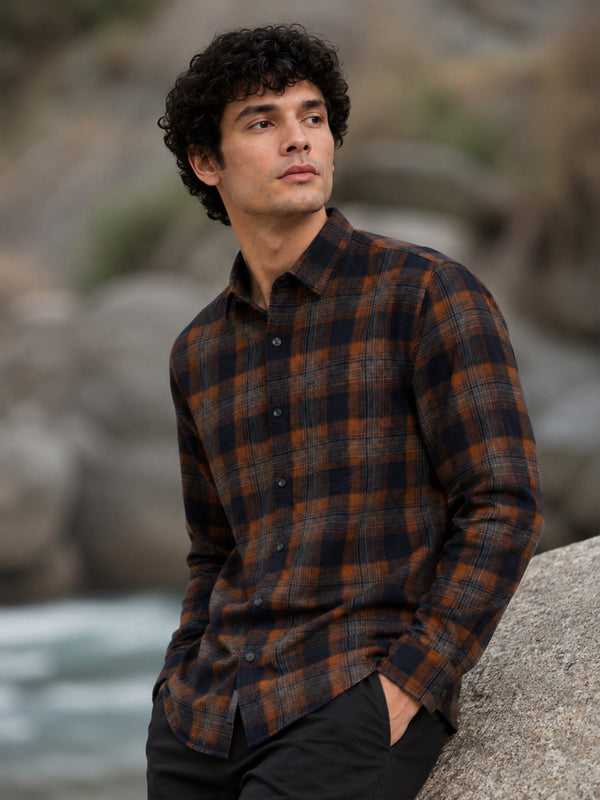 Men Orange Slim Fit Check Full Sleeve Casual Shirt