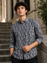 Men Grey Slim Fit Leaf Printed Full Sleeve Casual Shirt