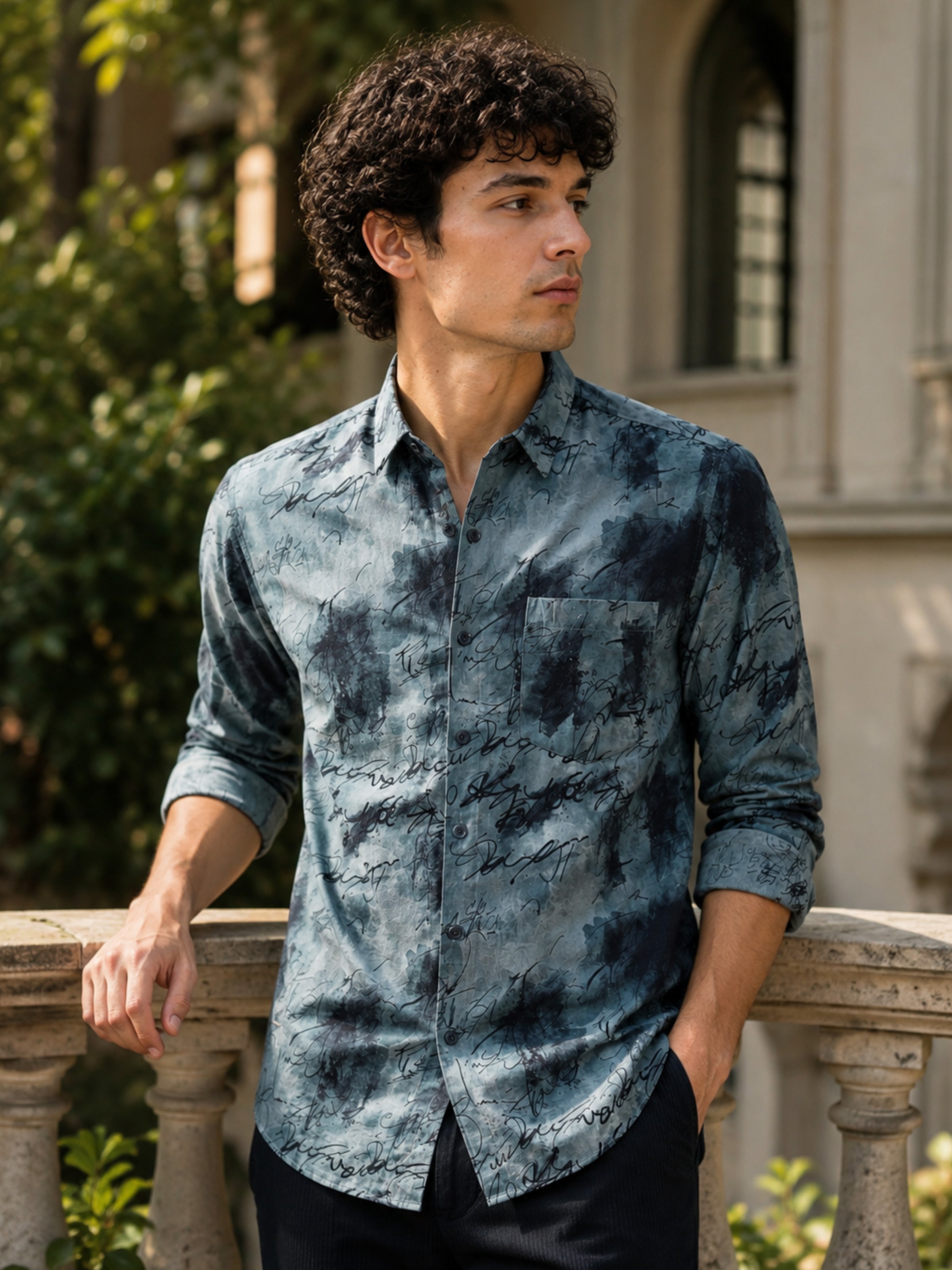 Men Grey Slim Fit Printed Full Sleeve Casual Shirt