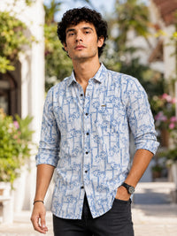 Men Blue Slim Fit Printed Full Sleeve Casual Shirt