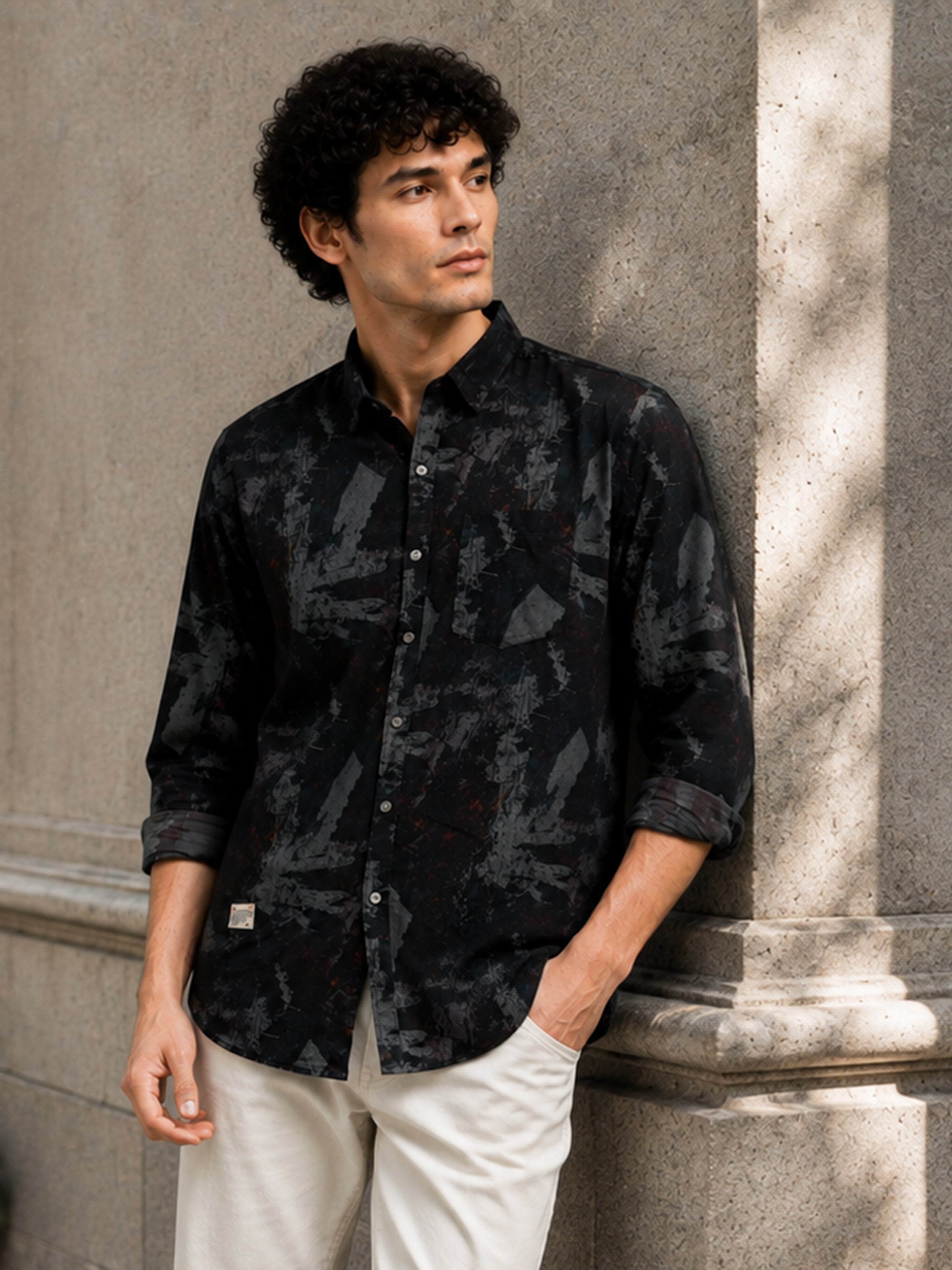 Men Navy Slim Fit Abstract Print Full Sleeve Casual Shirt