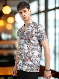 Brown Abstract Floral Print Slim Fit Half Sleeve Cuban Collar Shirt