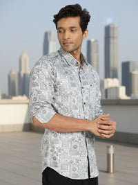 Men Grey Floral Print Full Sleeve Slim Fit Casual Shirts