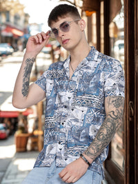 Blue Abstract Floral Print Slim Fit Half Sleeve Cuban Collar Shirt