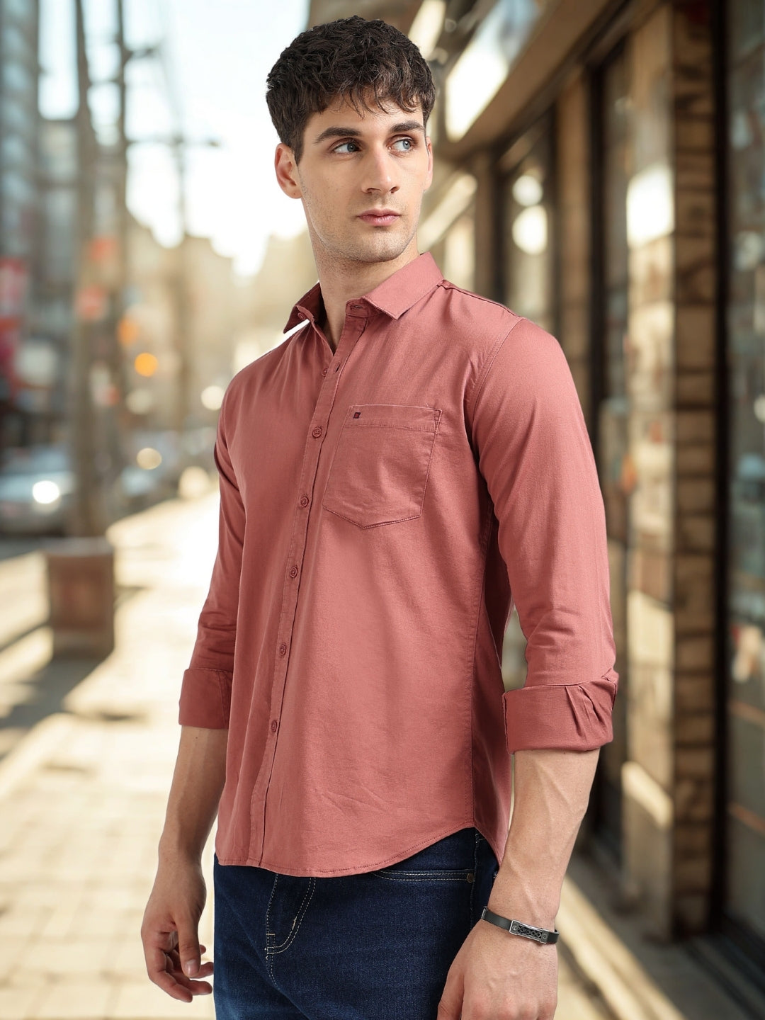 Dusty Pink Solid Slim Fit Casual Shirts