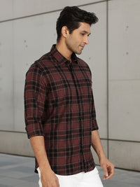 Men Brown Vintage Checks Full Sleeve Slim Fit Casual Shirts