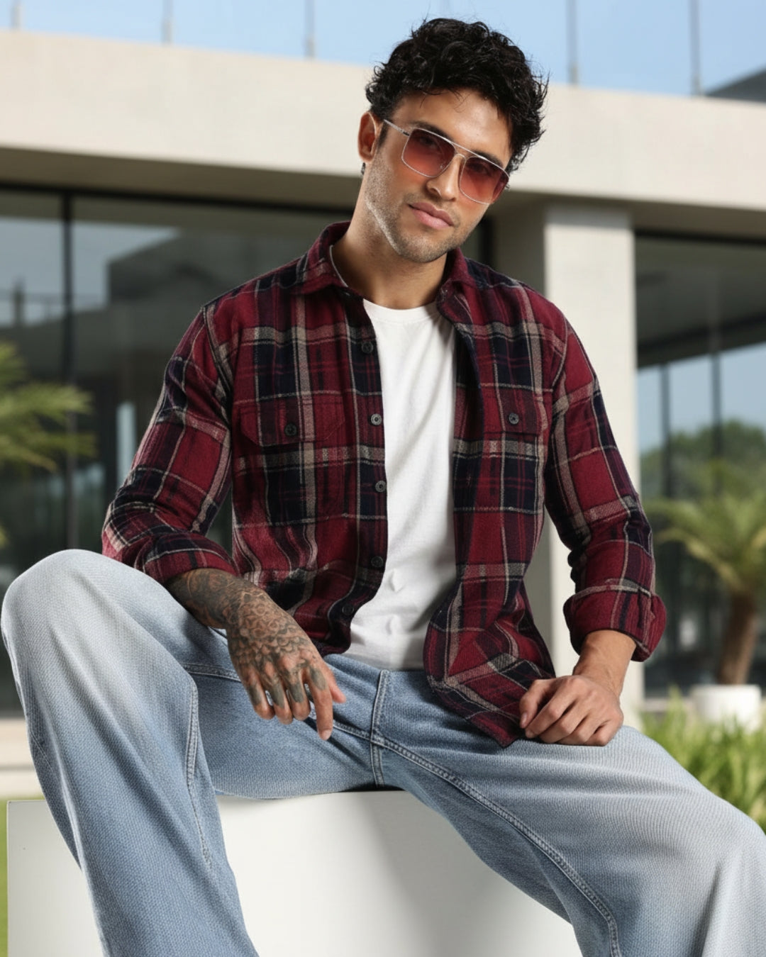 Men Red Turquoise Textured Checks Slim Fit Double Pocket Full Sleeve Shirt