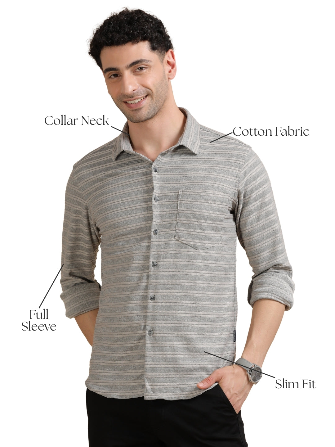 Men Grey Full Sleeve Cotton Knitted Casual Shirt