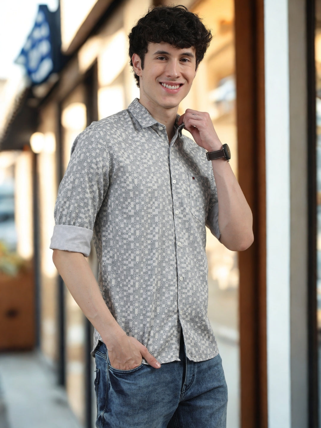 Men Light Grey Slim Fit Printed Full Sleeve Casual Shirt
