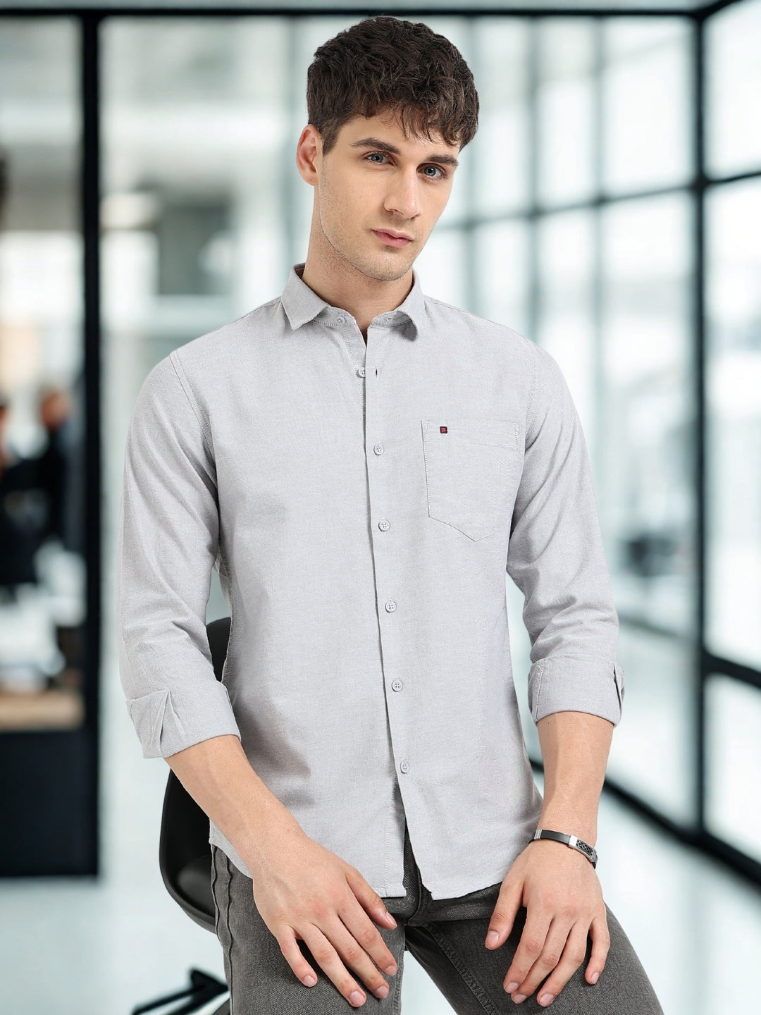 Grey Solid Regular Fit Casual Shirts