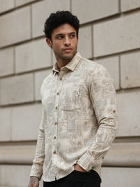 Brown Abstract Floral Print Slim Fit Full Sleeve Shirt