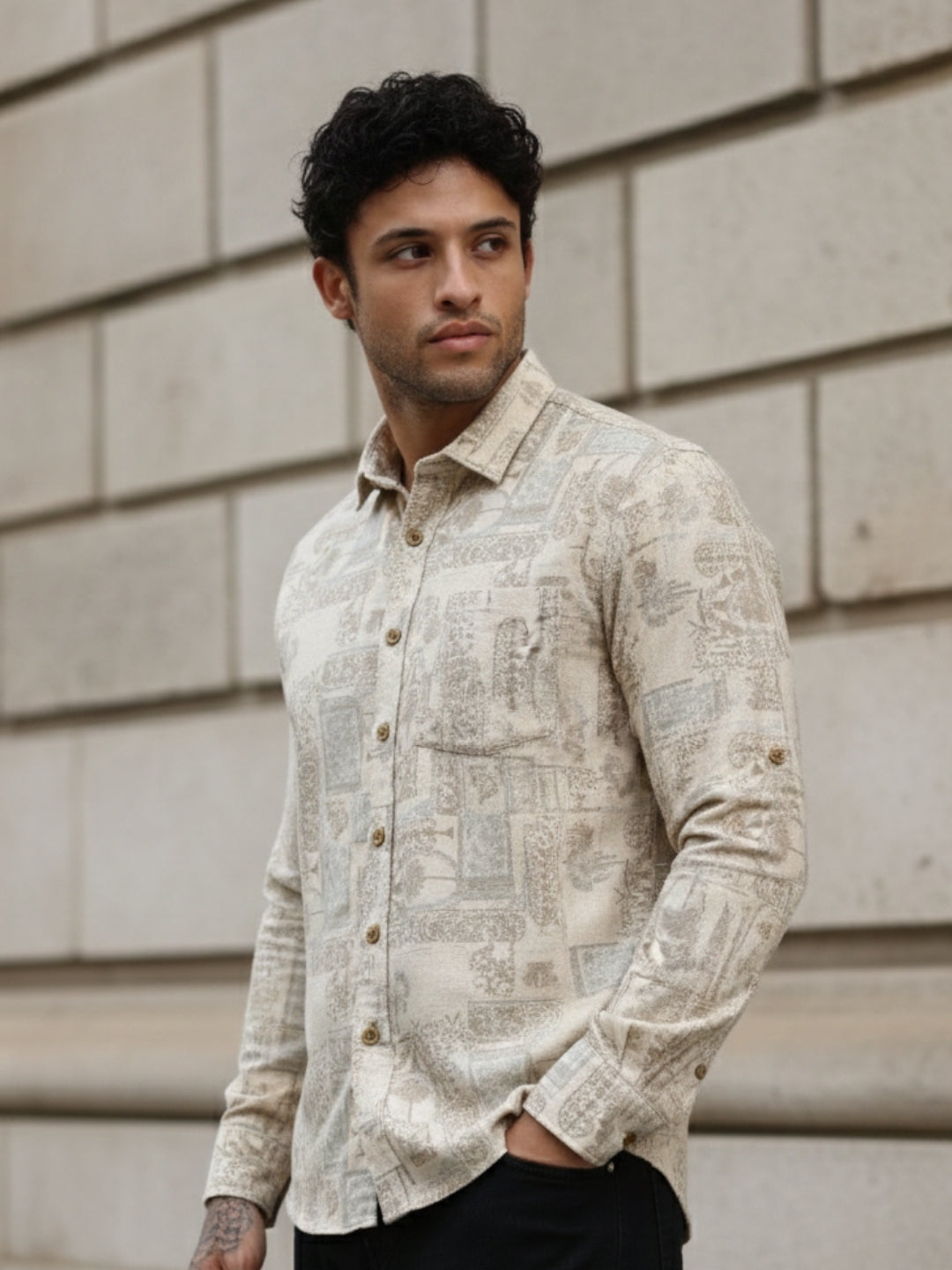 Brown Abstract Floral Print Slim Fit Full Sleeve Shirt