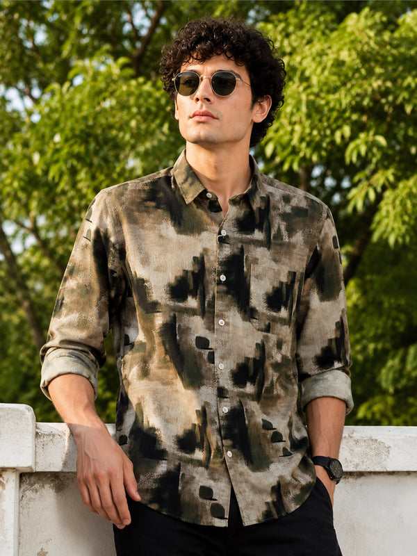 Men Green Slim Fit Corduroy Printed Full Sleeve Casual Shirt