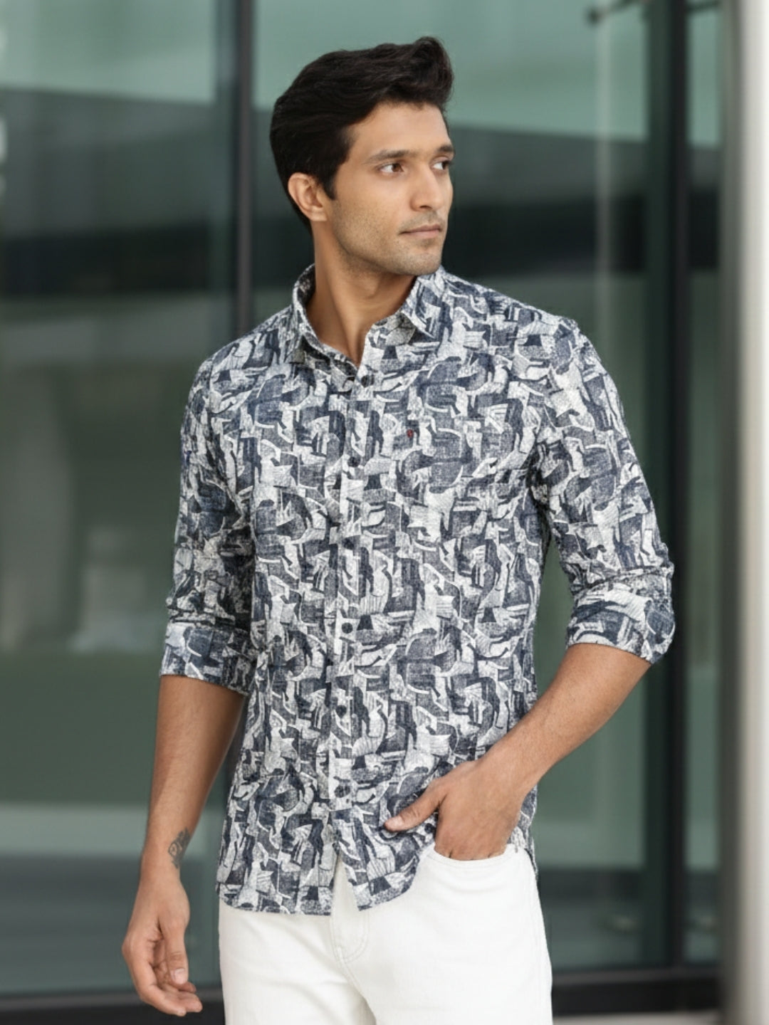 Men Blue Printed Full Sleeve Slim Fit Casual Shirt