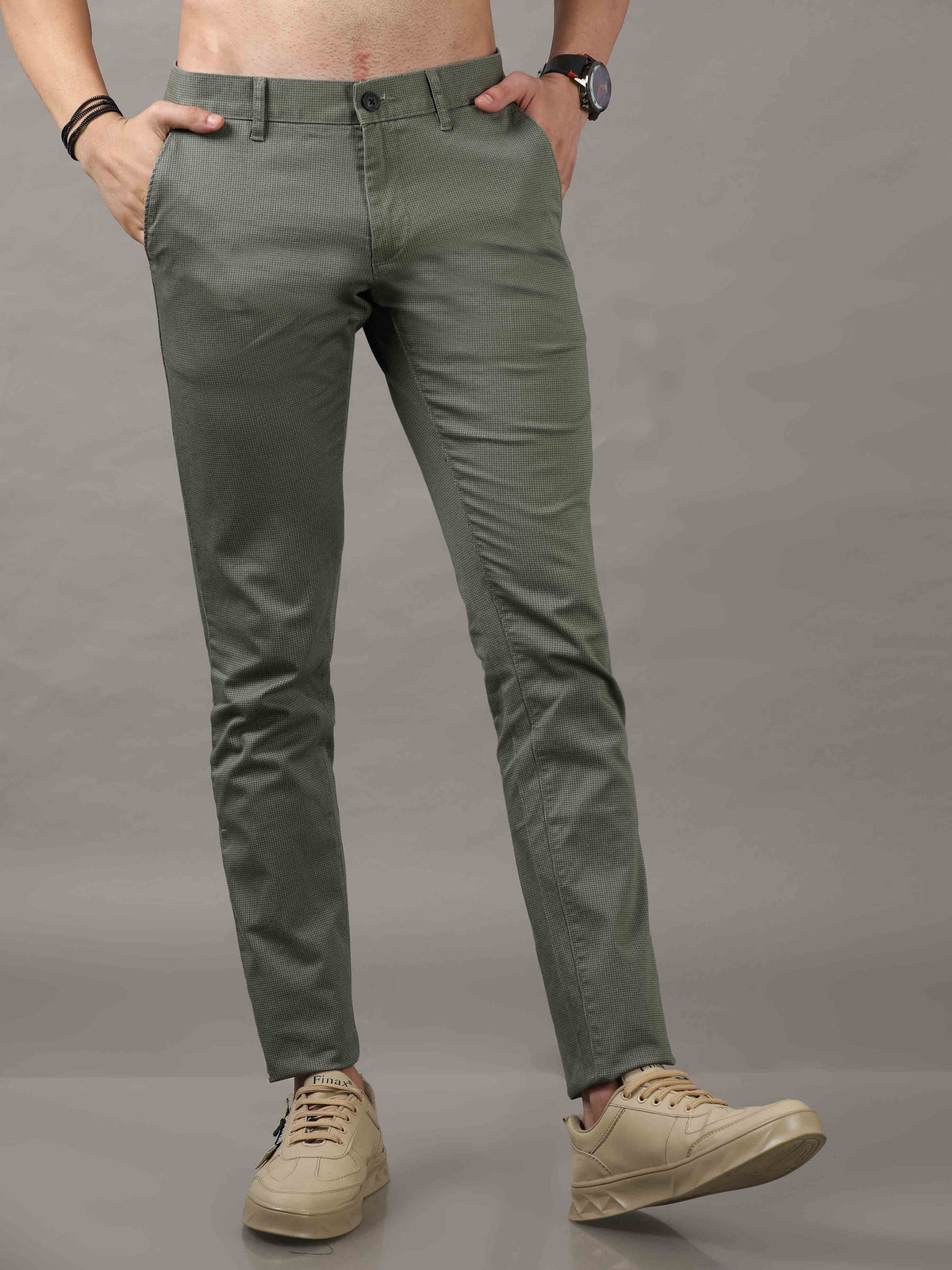 Shop Men's Olive Cotton Blend Narrow Fit Solid Causal Trouser Online.