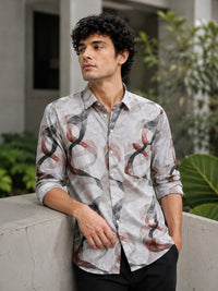 Men Light Brown Slim Fit Artistic Abstract Print Full Sleeve Casual Shirt