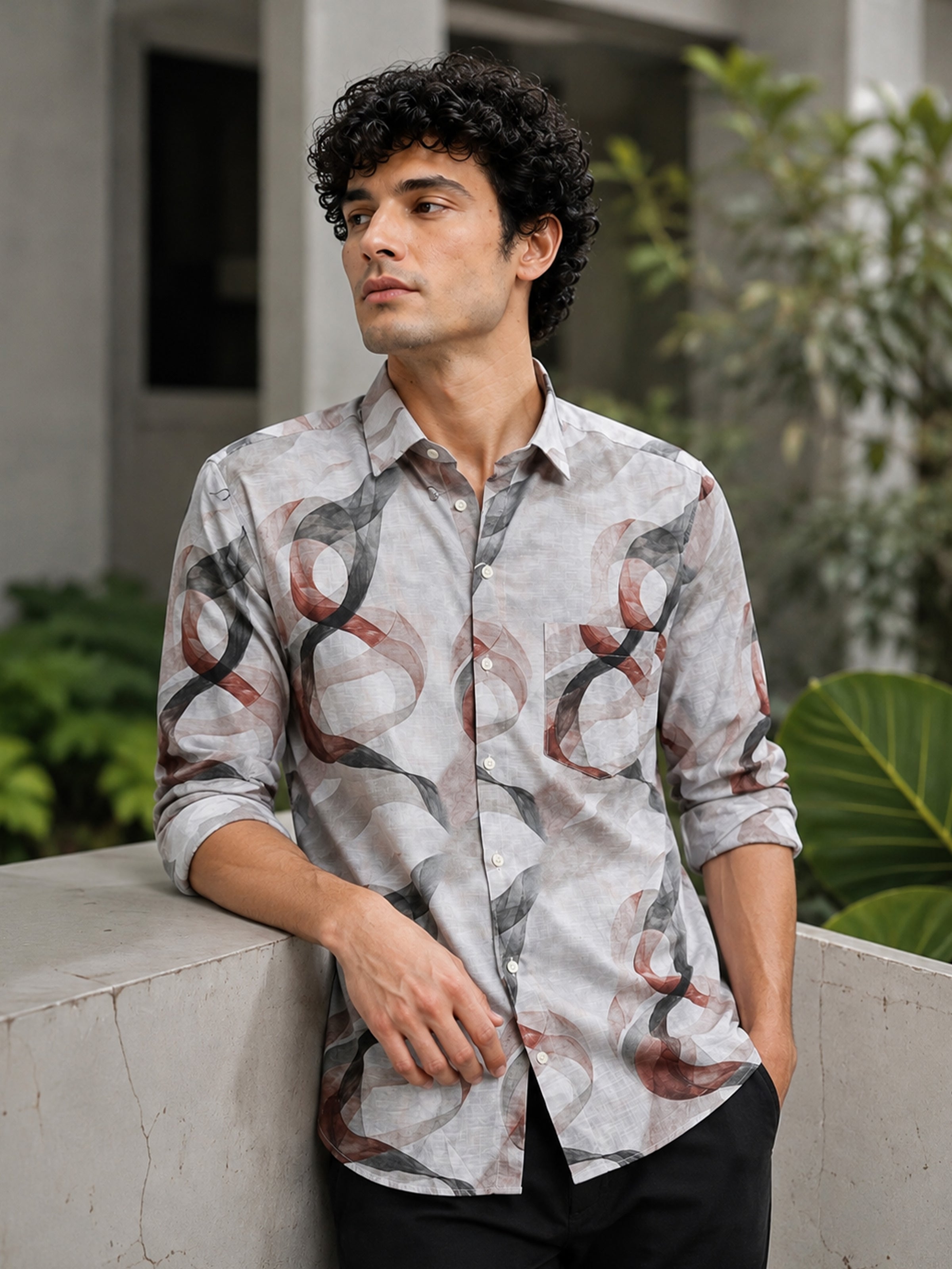 Men Light Brown Slim Fit Artistic Abstract Print Full Sleeve Casual Shirt