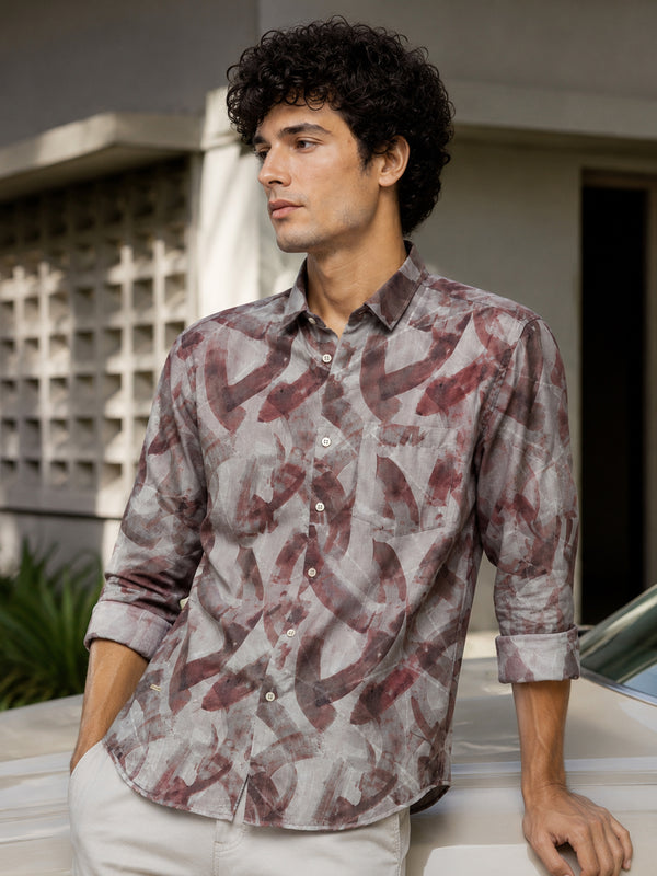 Men Brown Slim Fit Abstract Printed Full Sleeve Casual Shirt