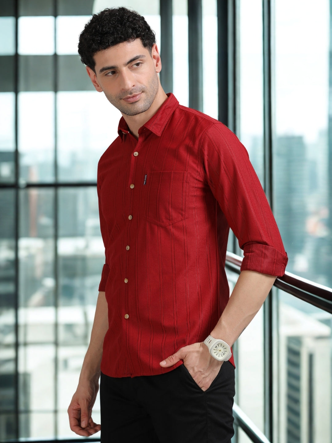 Men Red Full Sleeve knitted Dobby Casual Shirt