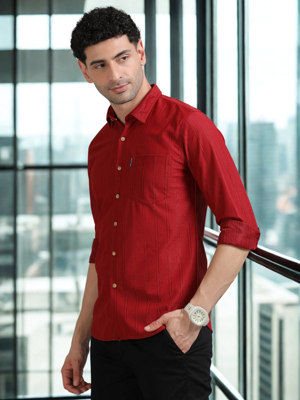 Men Red Full Sleeve knitted Dobby Casual Shirt
