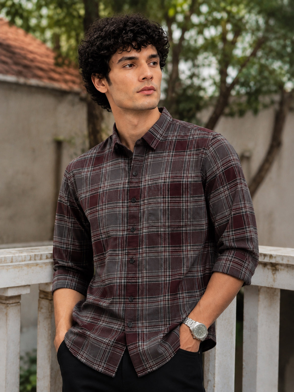 Men Maroon Slim Fit Plaid Check Full Sleeve Casual Shirt