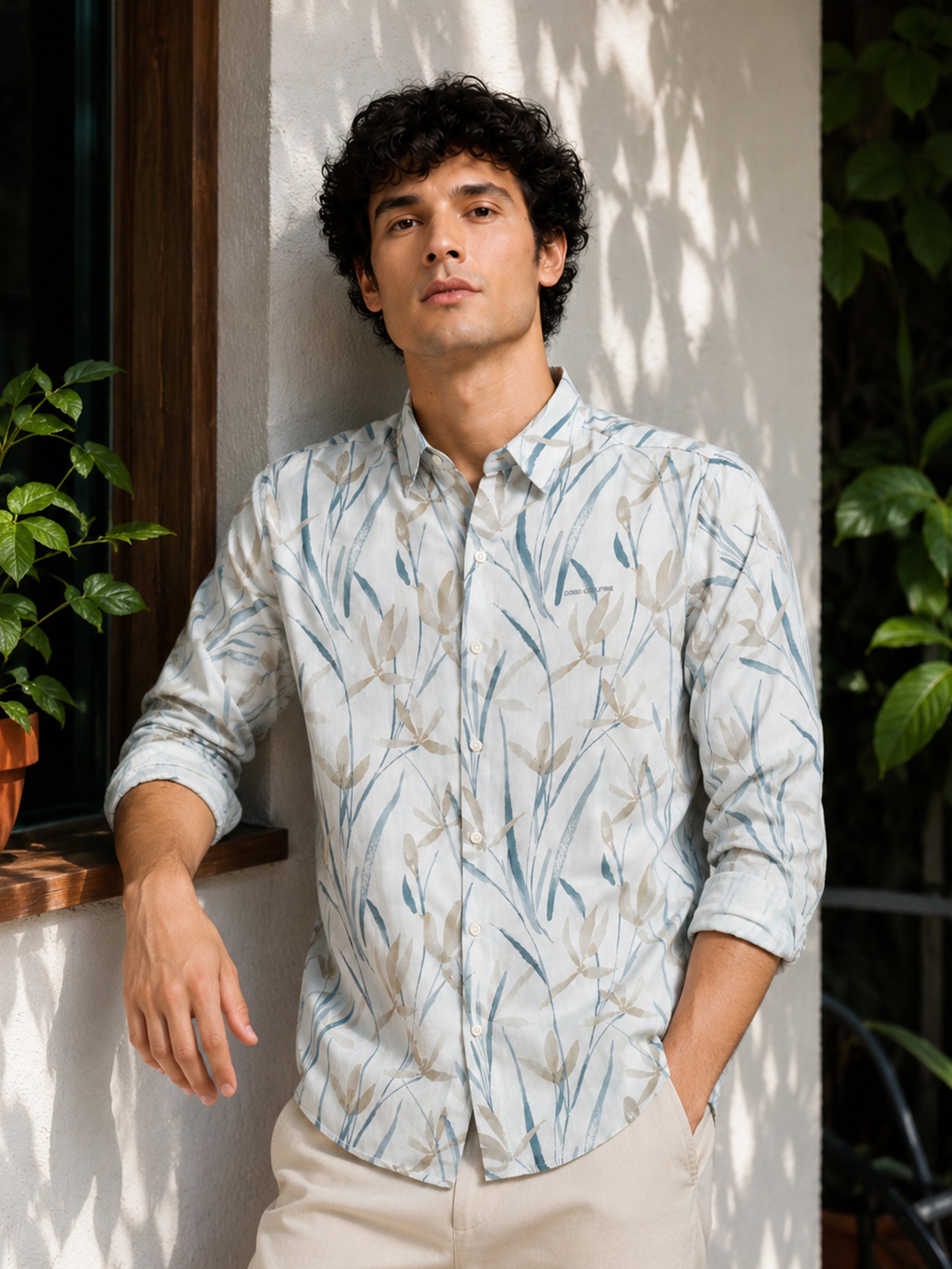 Men Cream Slim Fit Floral Print Full Sleeve Casual Shirt