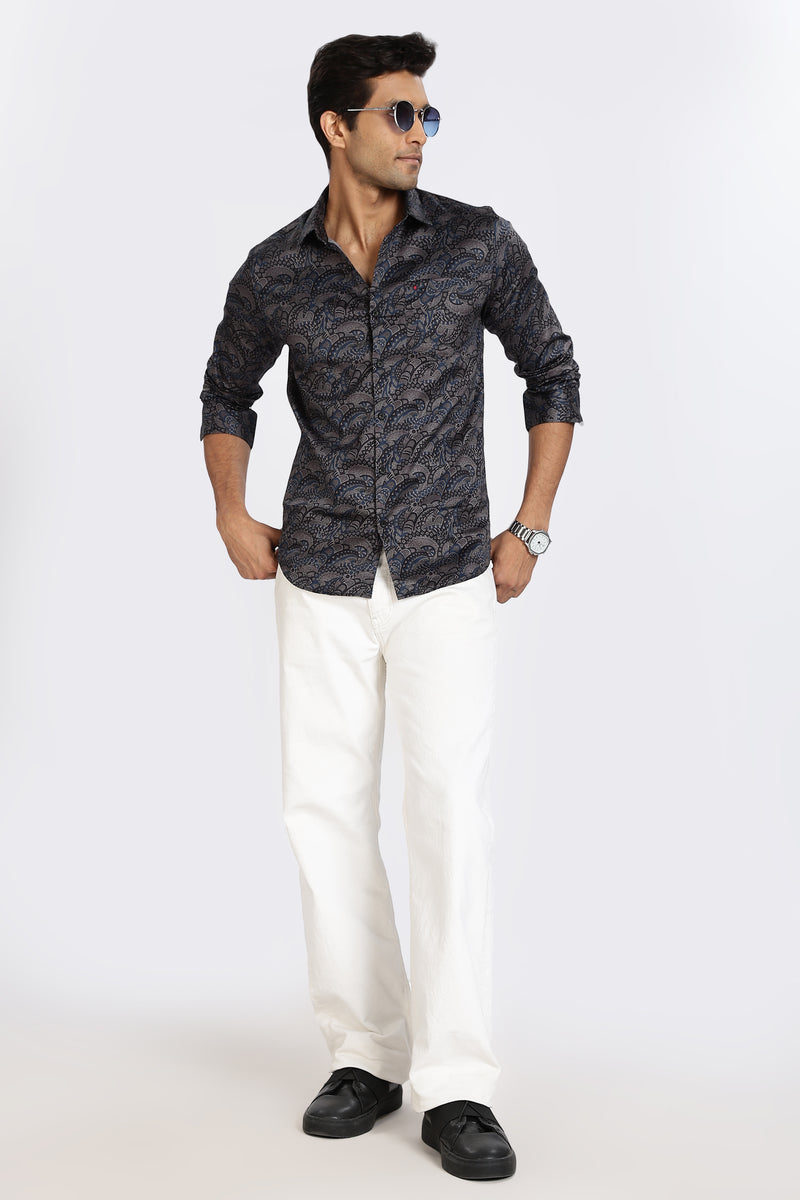 Men Blue Floral Print Full Sleeve Slim Fit Casual Shirts