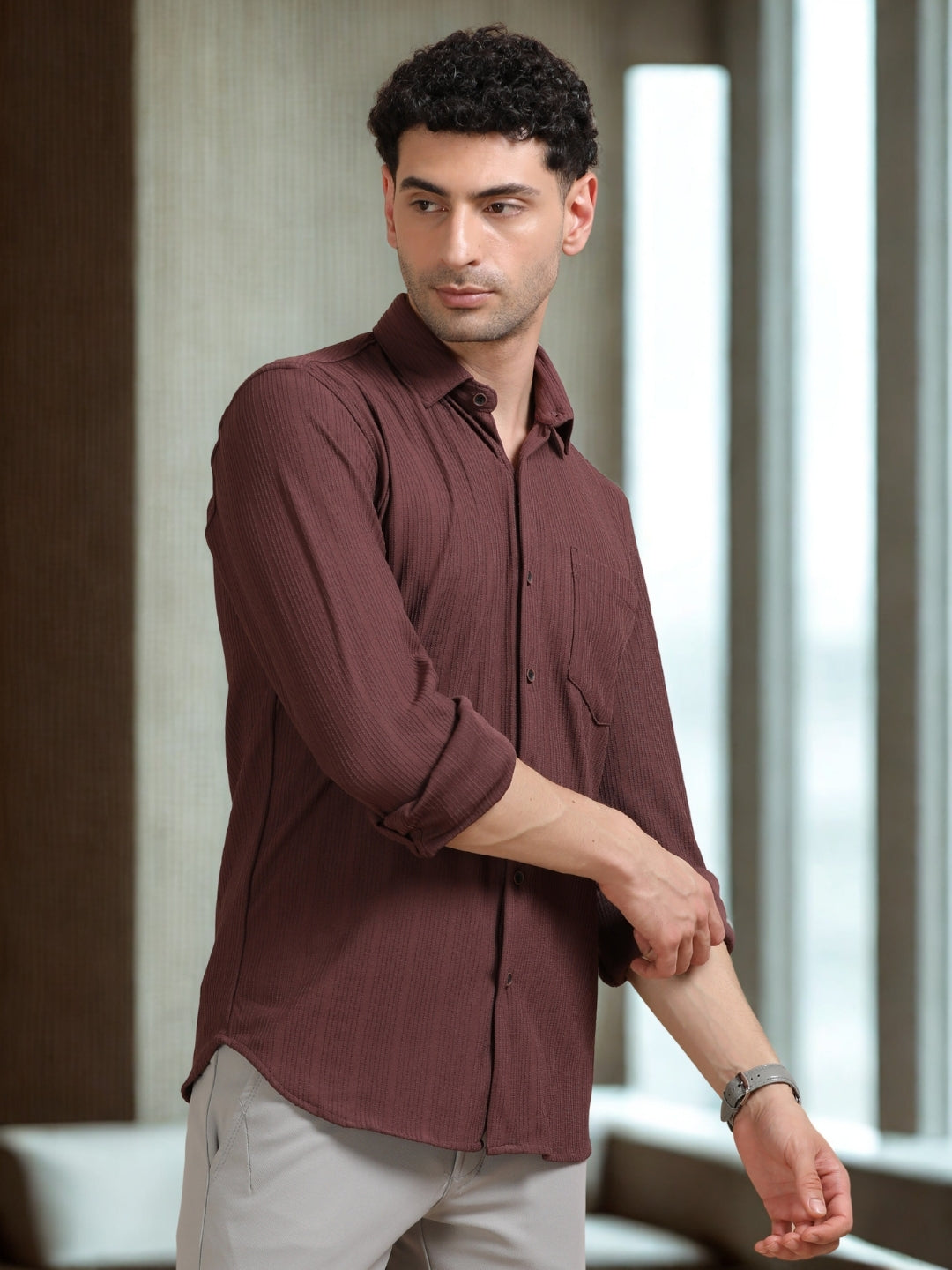 Men Maroon Full Sleeve Cotton Knitted Casual Shirt