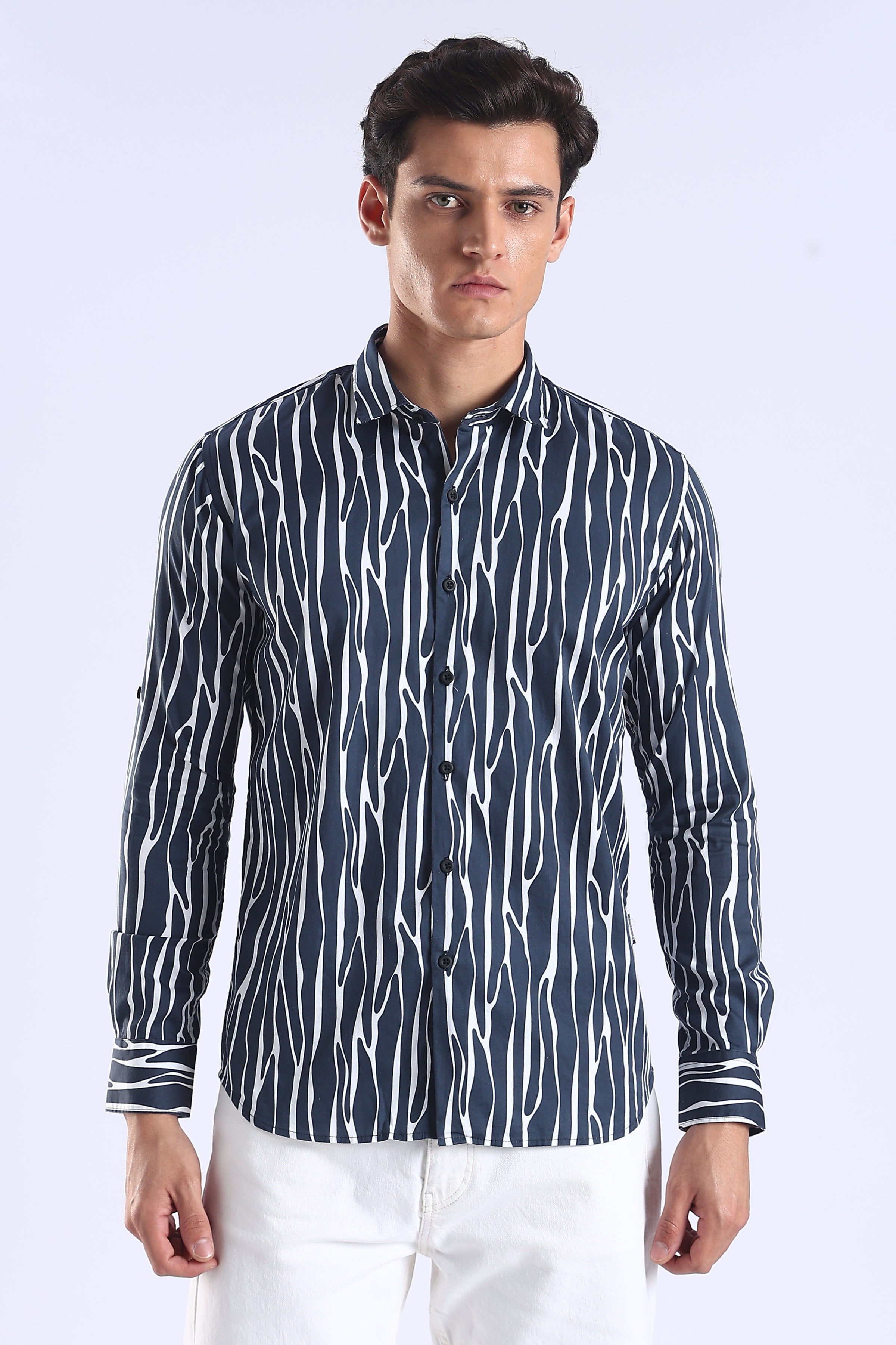 Navy Printed  Slim Fit Cotton Full Sleeve Shirt