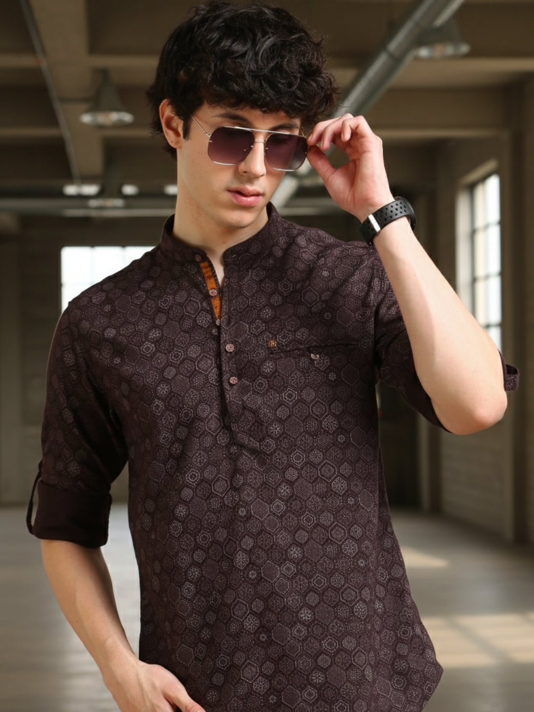 Men Maroon Slim Fit Printed Full Sleeve Casual Kurta Shirt