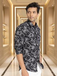 Men Black Floral Print Full Sleeve Slim Fit Casual Shirt