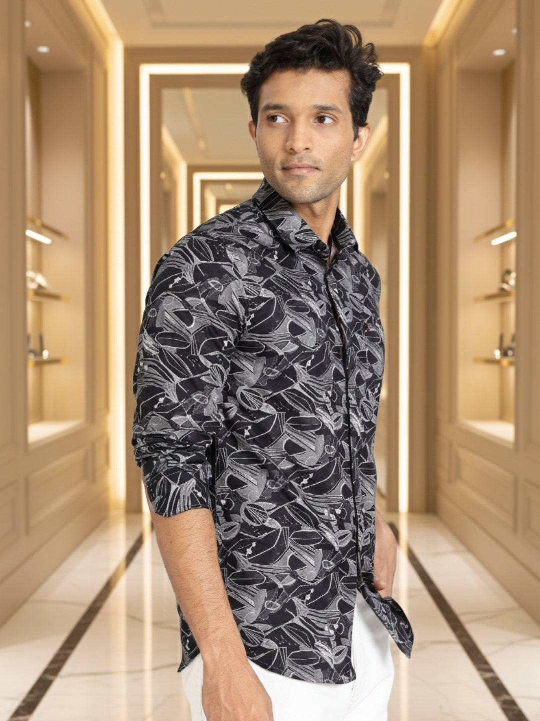 Men Black Floral Print Full Sleeve Slim Fit Casual Shirt