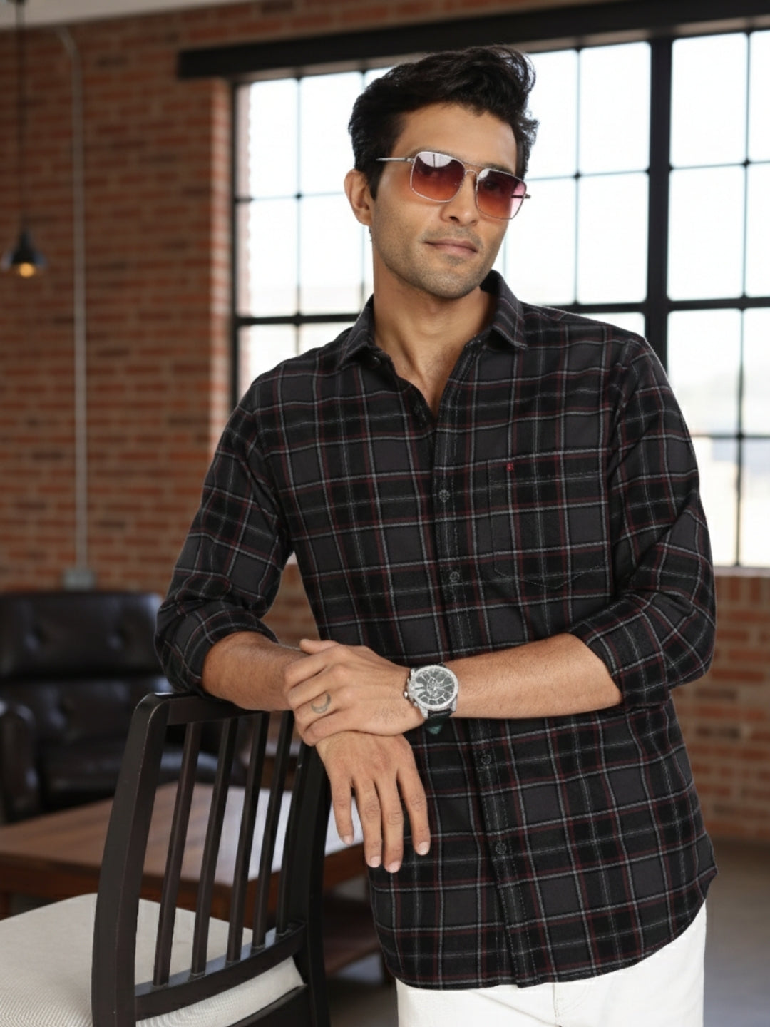 Men Grey Vintage Checks Full Sleeve Slim Fit Casual Shirts