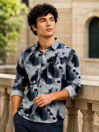 Men Navy Slim Fit Corduroy Printed Full Sleeve Casual Shirt