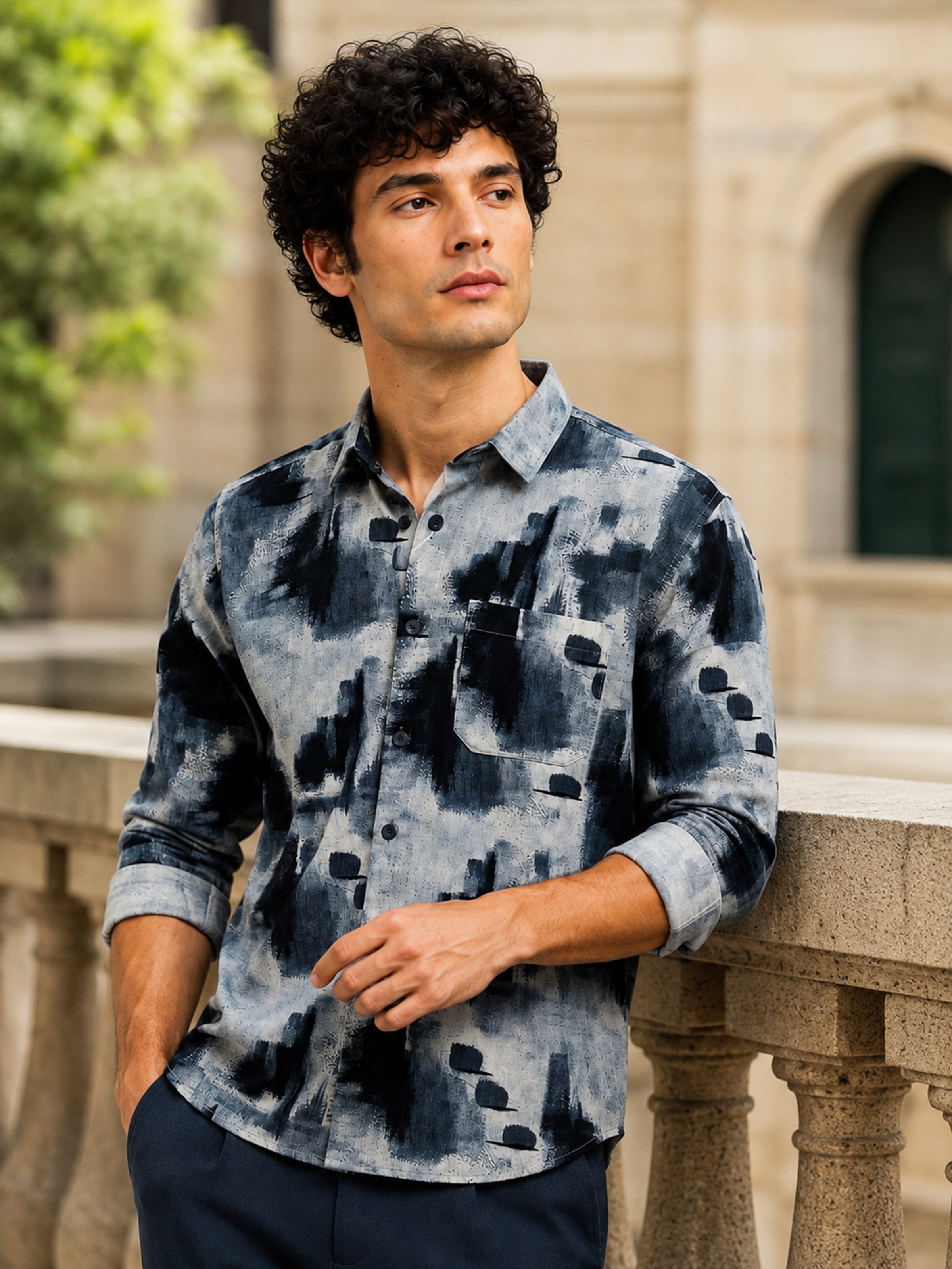 Men Navy Slim Fit Corduroy Printed Full Sleeve Casual Shirt