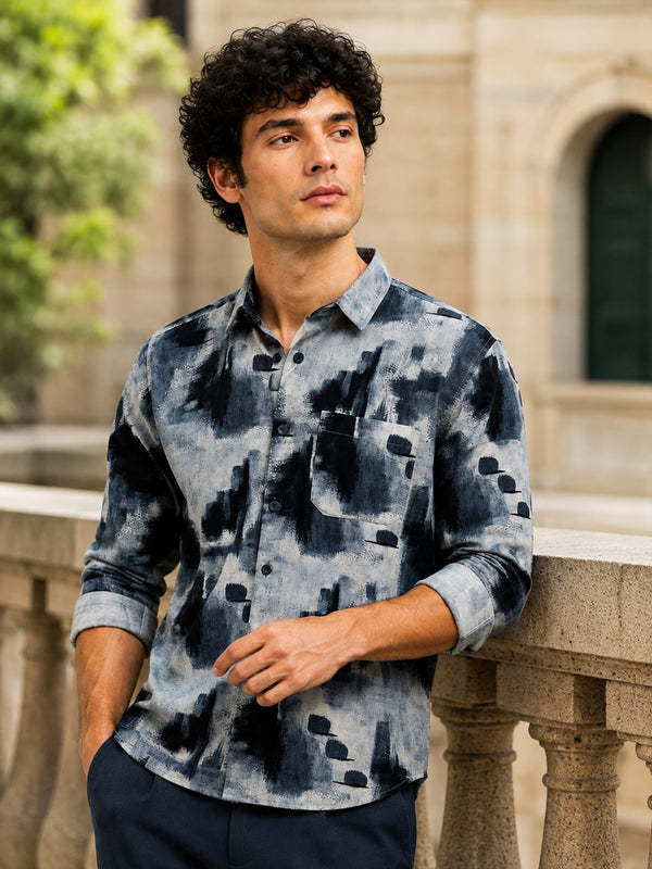 Men Navy Slim Fit Corduroy Printed Full Sleeve Casual Shirt