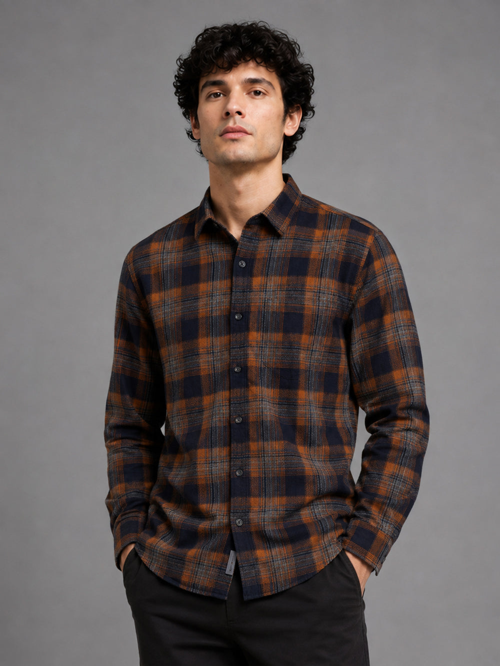 Men Orange Slim Fit Check Full Sleeve Casual Shirt
