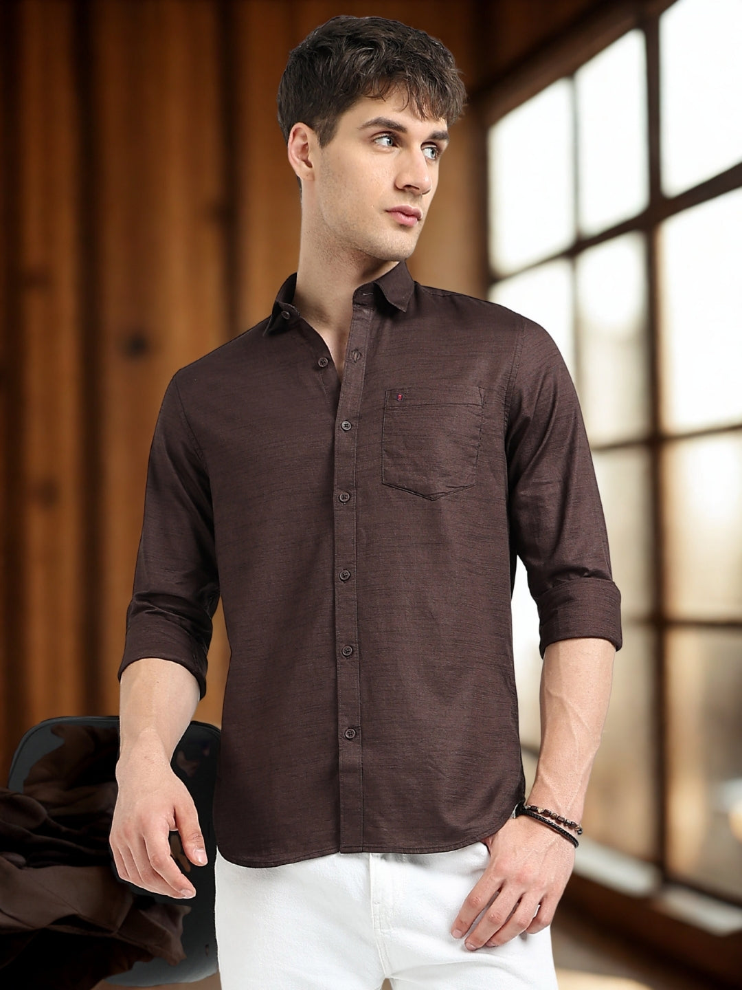 Dk Brown Solid Slim Fit Casual Shirts