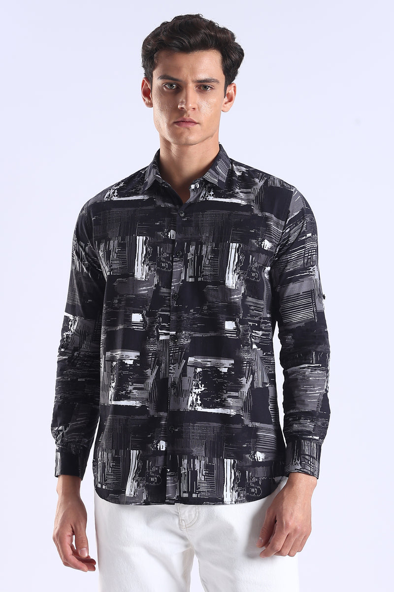 Black Printed  Slim Fit Cotton Full Sleeve Shirt