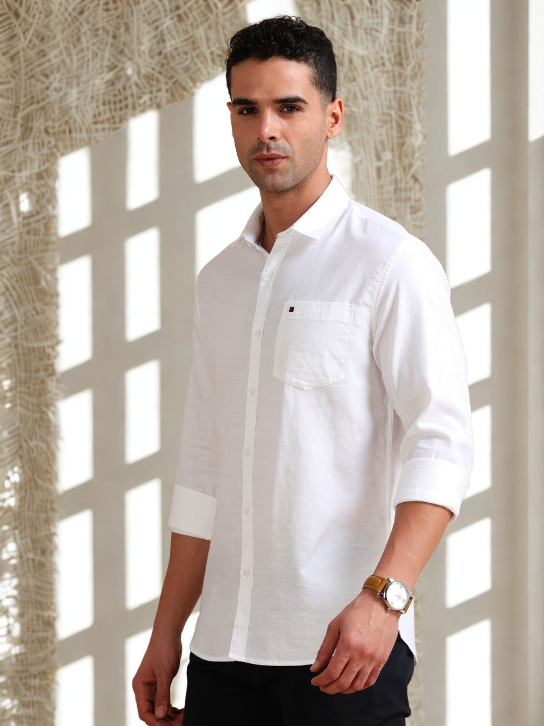 Men White Slim Fit Solid Full Sleeve Casual Shirt