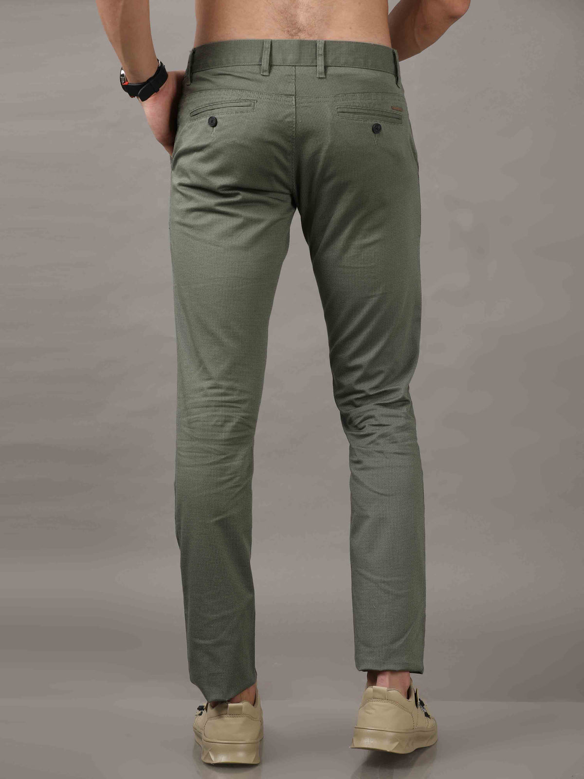 Men's Olive Cotton Blend Narrow Fit Printed Causal Trouser