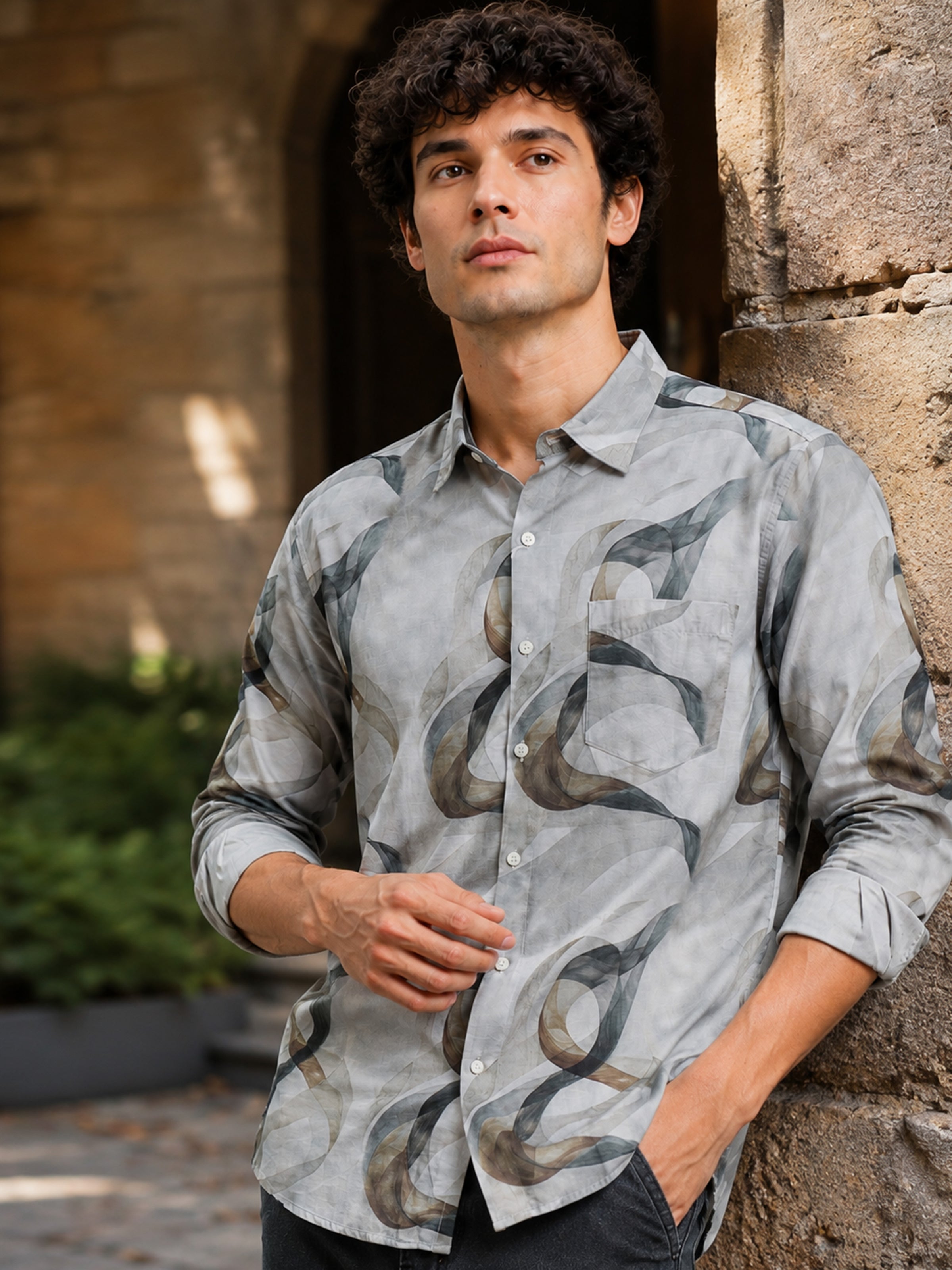 Men Light Green  Slim Fit Artistic Abstract Print Full Sleeve Casual Shirt