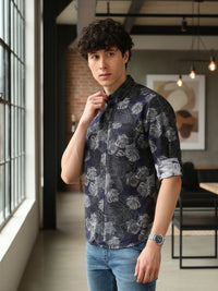 Men Navy Slim Fit Printed Full Sleeve Casual Shirt
