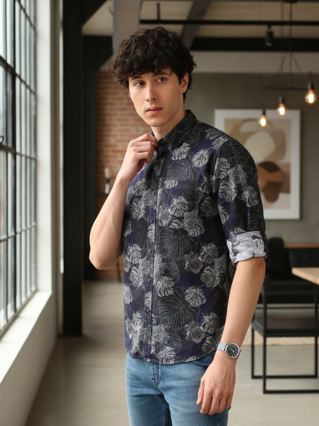 Men Navy Slim Fit Printed Full Sleeve Casual Shirt