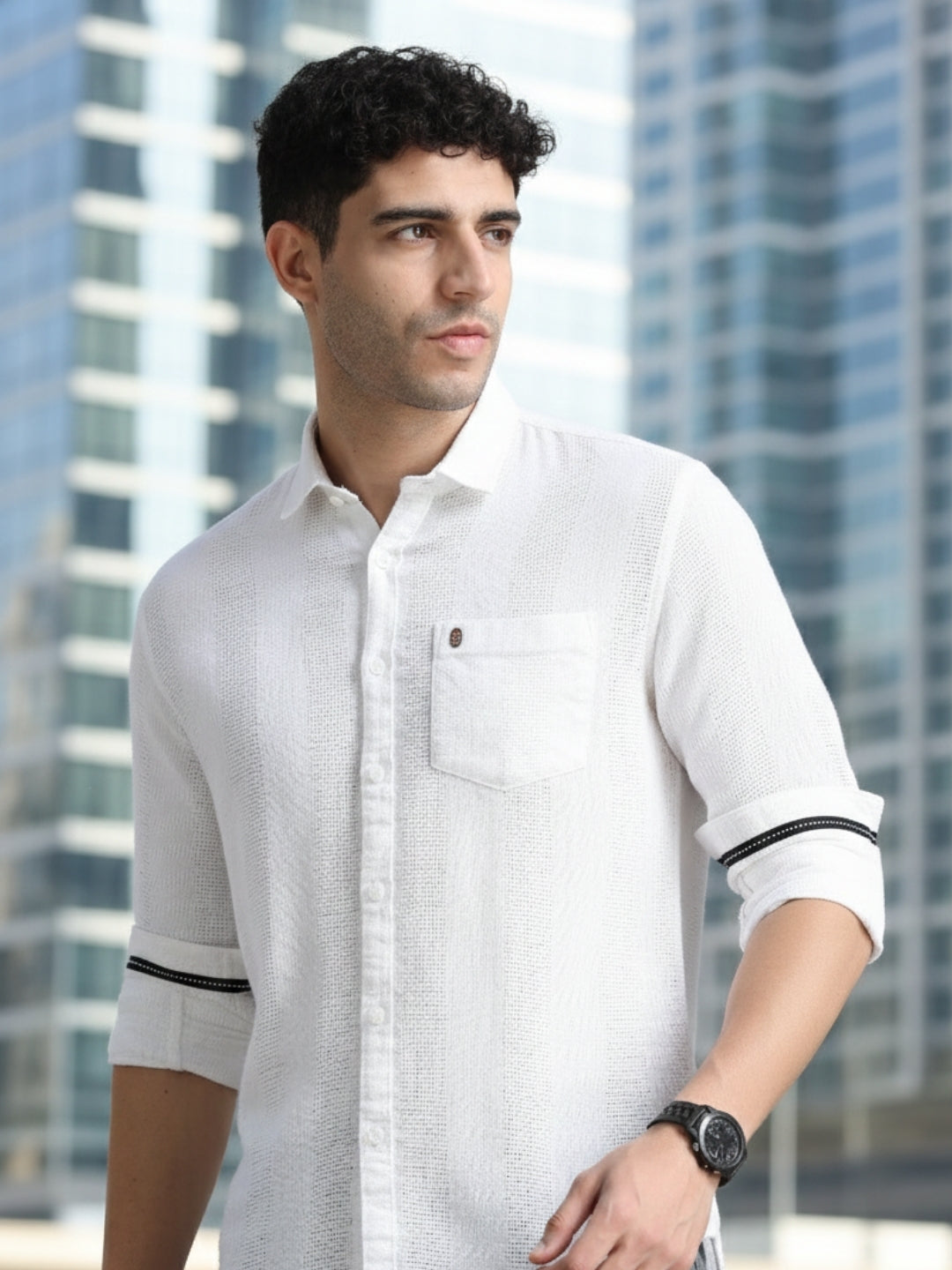 Men White Slim Fit Textured Full Sleeve Casual Shirt