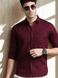Men Maroon Slim Fit Solid Full Sleeve Casual Shirt